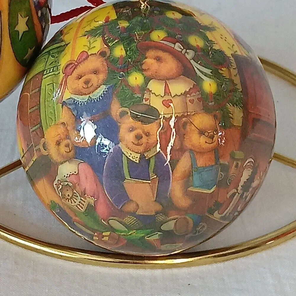 Vintage Decoupage Christmas Ornament Balls Bauble Teddy Bears Lot of 7